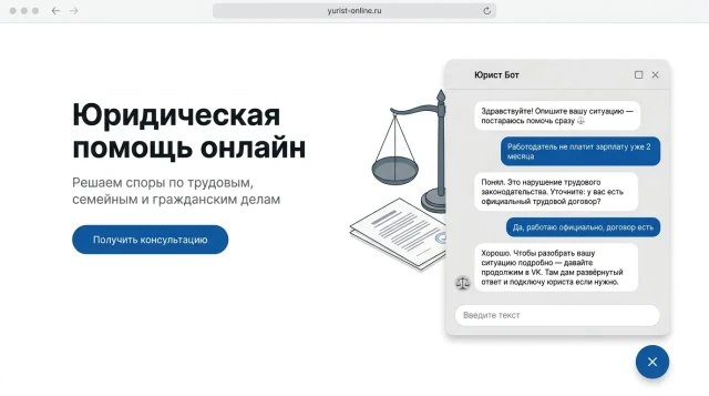 AI-диалог в виджете на сайте юридической фирмы — уточнение ситуации и переход в VK