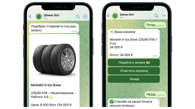 Карусель шин и корзина с оплатой в Telegram боте